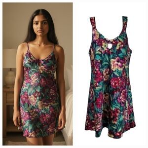 Vintage 80s Adonna Floral Satin Slip Chemise Nightie Size Medium